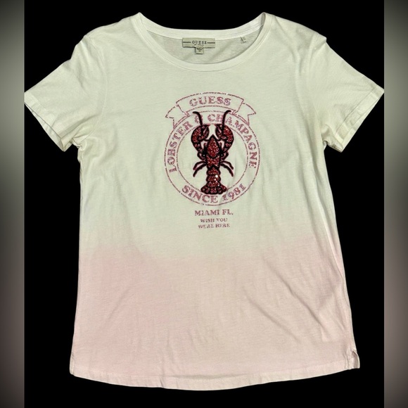 Guess Tops - Guess Embellished T shirt. Pink and White Ombré. Size Medium.